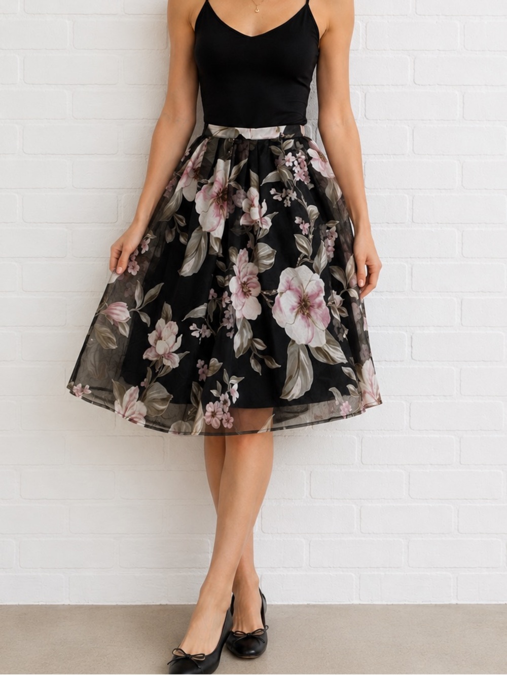 Forever 21 Black Floral Mesh Midi Skirt S Sheer Overlay Whimsigoth Fairy Grunge